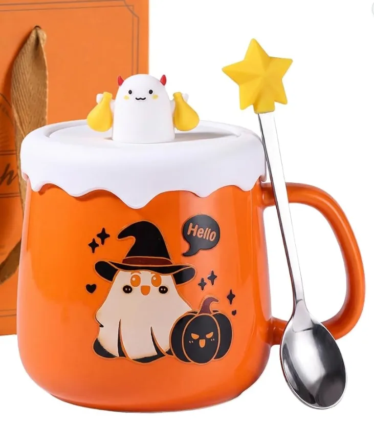 Halloween Tasse mit Löffel und Kaffeetasse Deckel